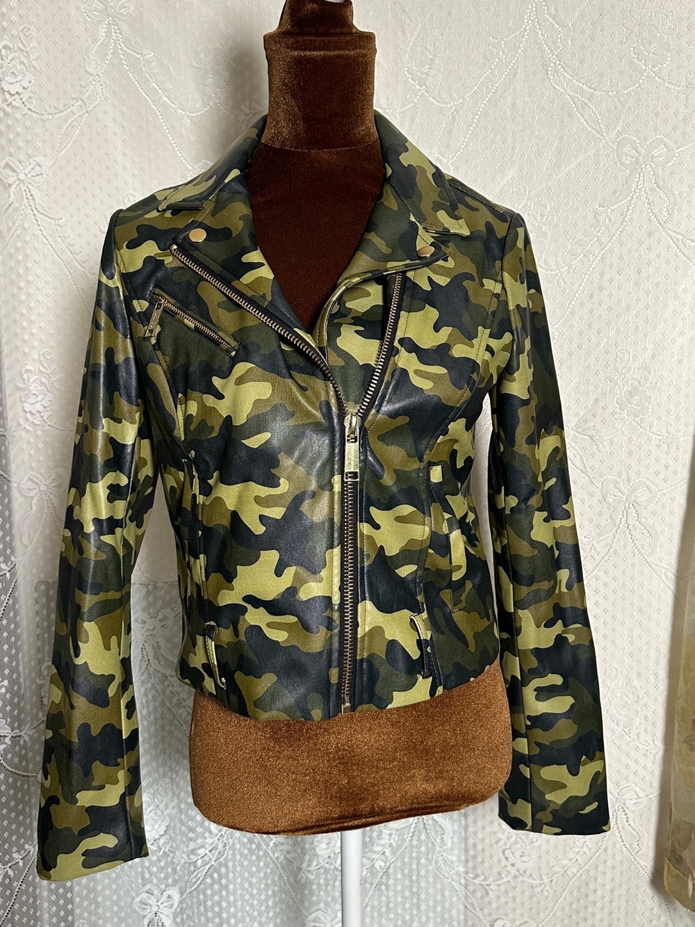Michael Kors Green & Black Camouflage Faux Leather Moto Jacket